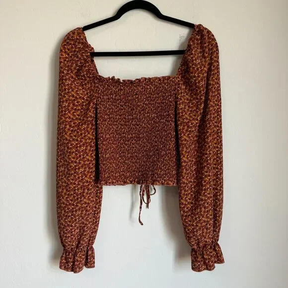 Moody Fall Sz Med Boho Floral Smocked Peasant Balloon Sleeve Crop Top Festival - Picture 7 of 15
